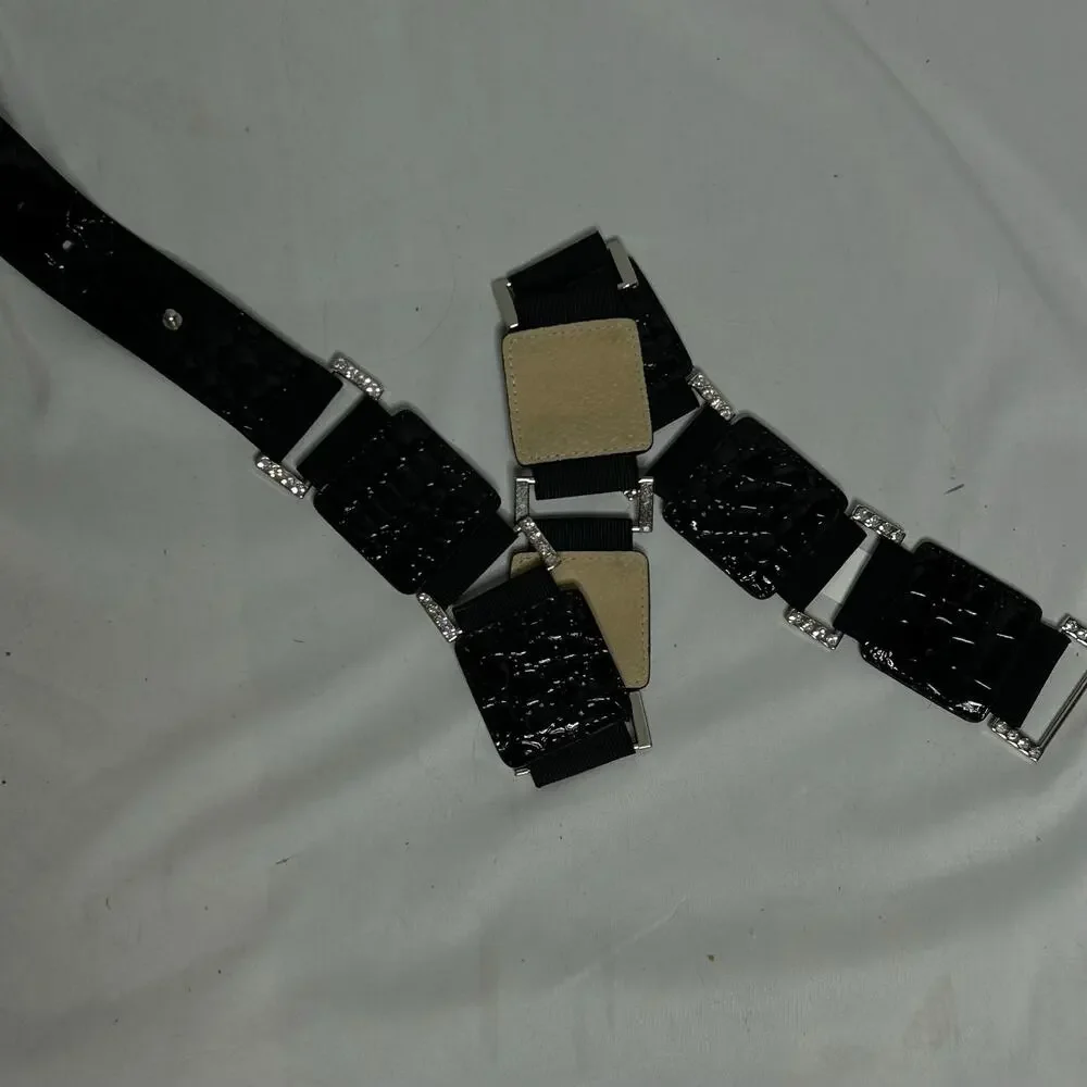 Y2K Black Faux Croc Rhinestone Stretch Hip Belt Statement Waist Belt 30”